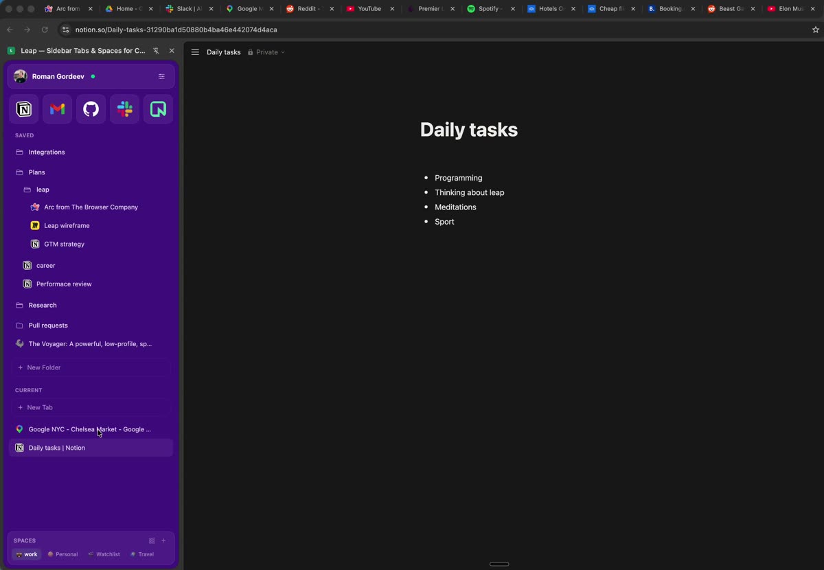 Leap workspaces switching between Work, Personal, and Side Project contexts